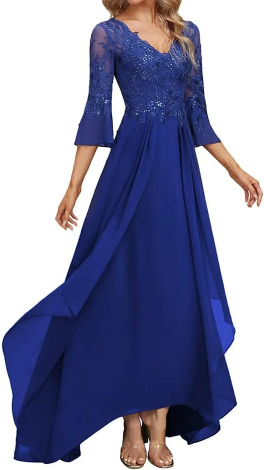 Lace Appliques Mother of The Bride Dresses for Wedding 3/4 Sleeve V Neck Chiffon Formal Evening Gowns