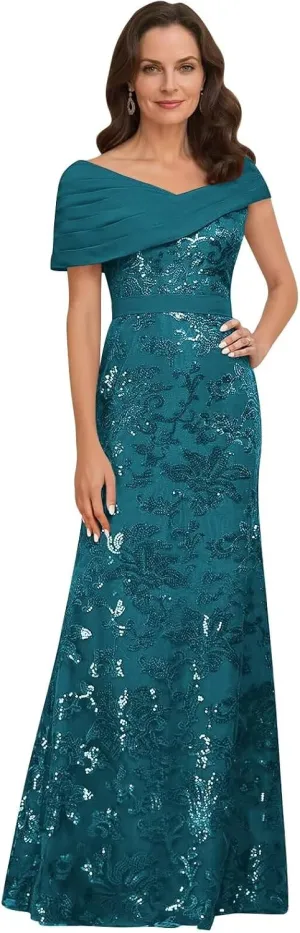 Lace Sequin Mother of The Bride Dresses for Women Long Mermaid Off The Shoulder Formal Evening Dress with Sleeves