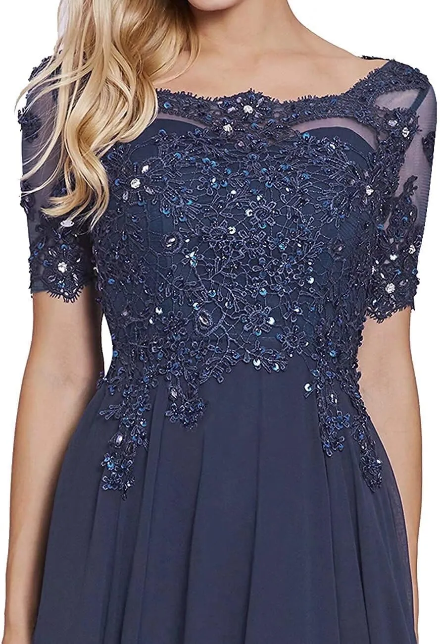 Laces Appliques Mother of The Bride Dresses Short Sleeves Chiffon Formal Evening Dress for Mom