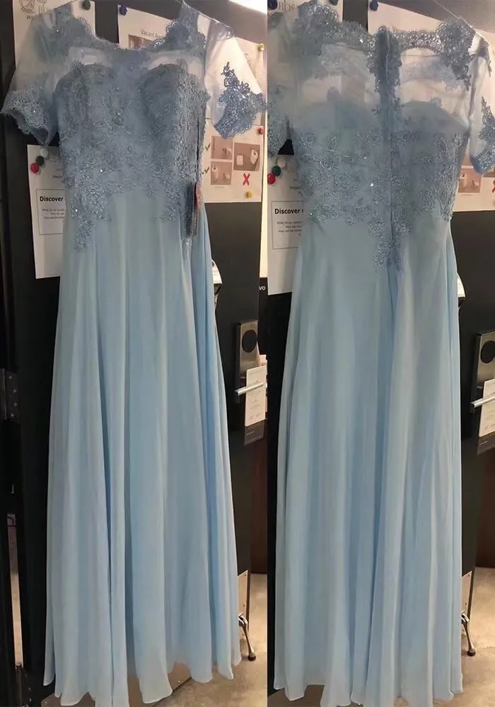 Laces Appliques Mother of The Bride Dresses Short Sleeves Chiffon Formal Evening Dress for Mom