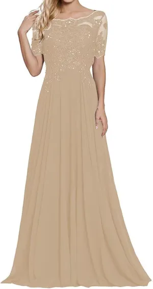 Laces Appliques Mother of The Bride Dresses Short Sleeves Chiffon Formal Evening Dress for Mom