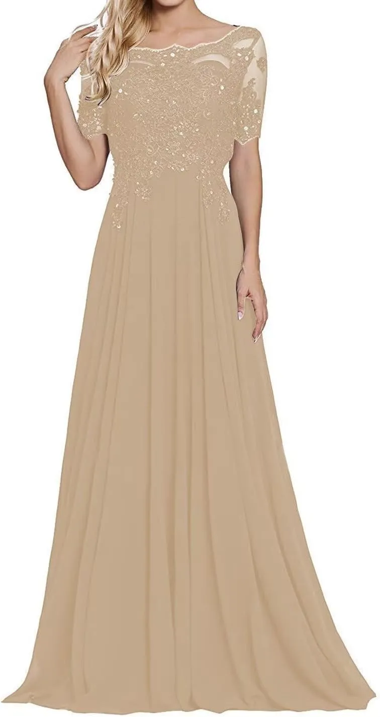 Laces Appliques Mother of The Bride Dresses Short Sleeves Chiffon Formal Evening Dress for Mom