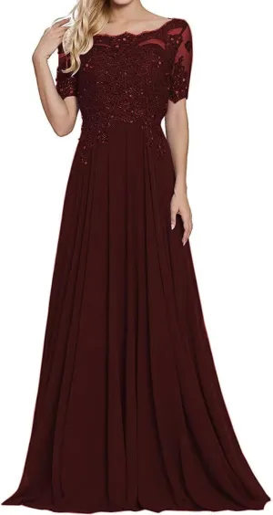 Laces Appliques Mother of The Bride Dresses Short Sleeves Chiffon Formal Evening Dress for Mom