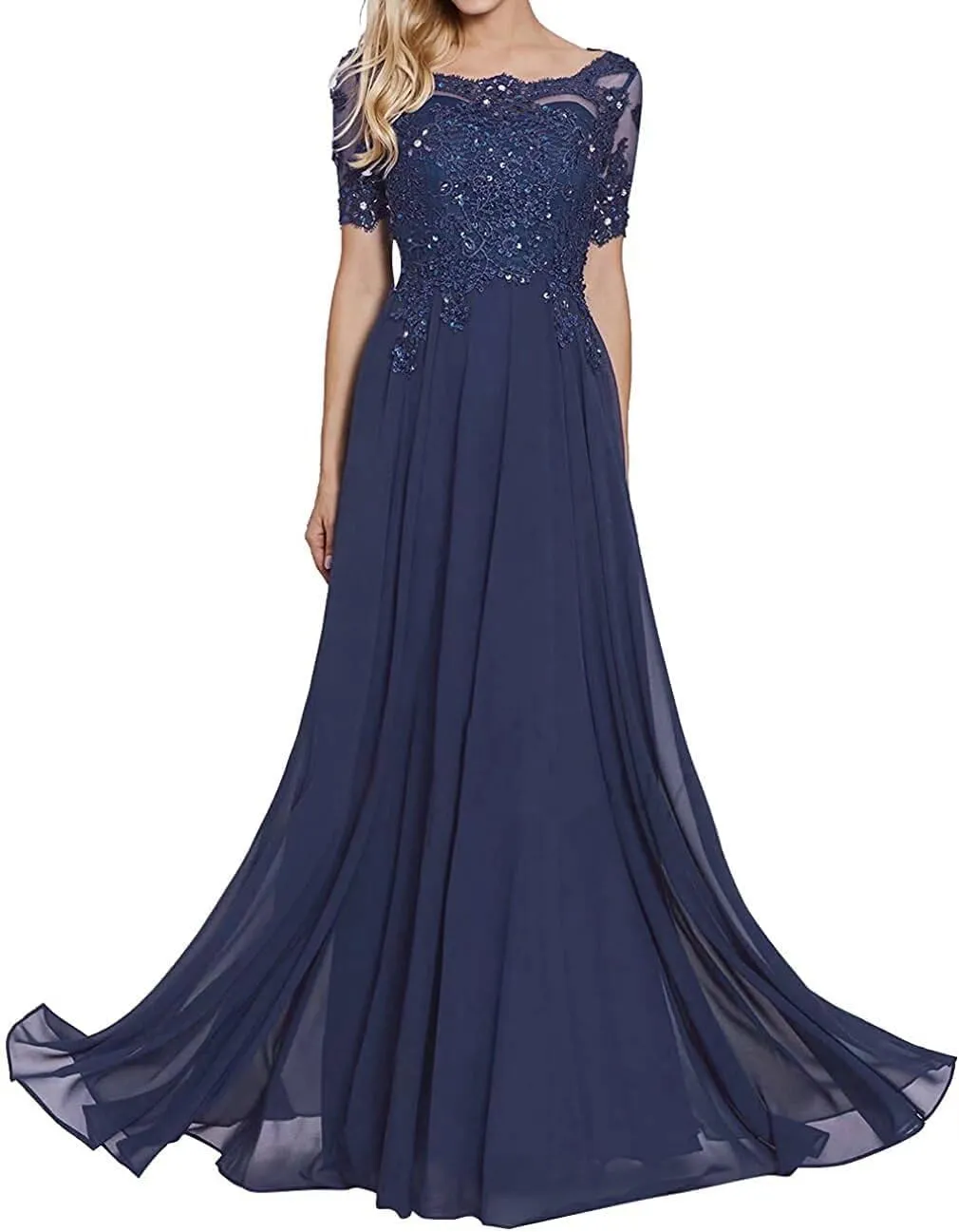 Laces Appliques Mother of The Bride Dresses Short Sleeves Chiffon Formal Evening Dress for Mom