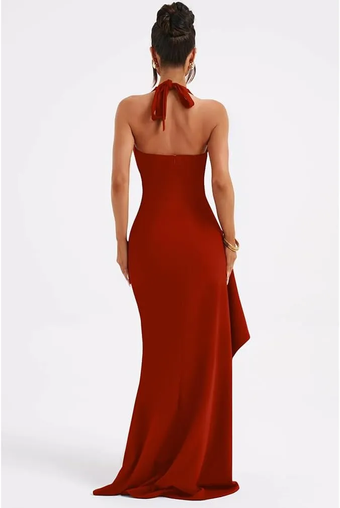 LAGSHIAN Women's Sexy Deep V Neck Halter High Split Backless Cocktail Party Formal Maxi Dress