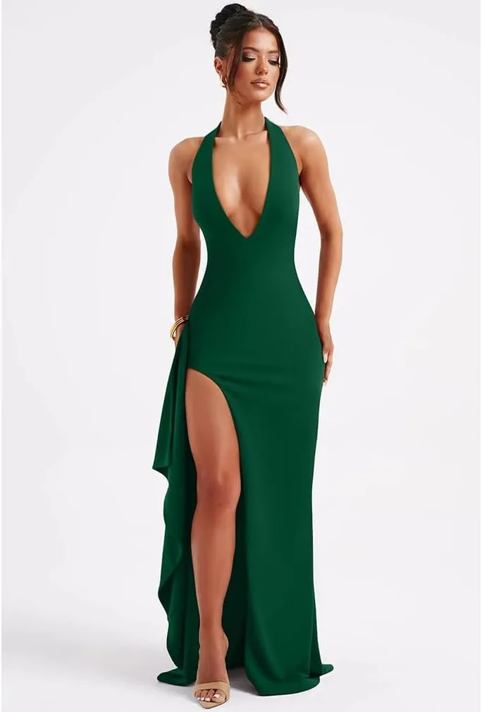 LAGSHIAN Women's Sexy Deep V Neck Halter High Split Backless Cocktail Party Formal Maxi Dress