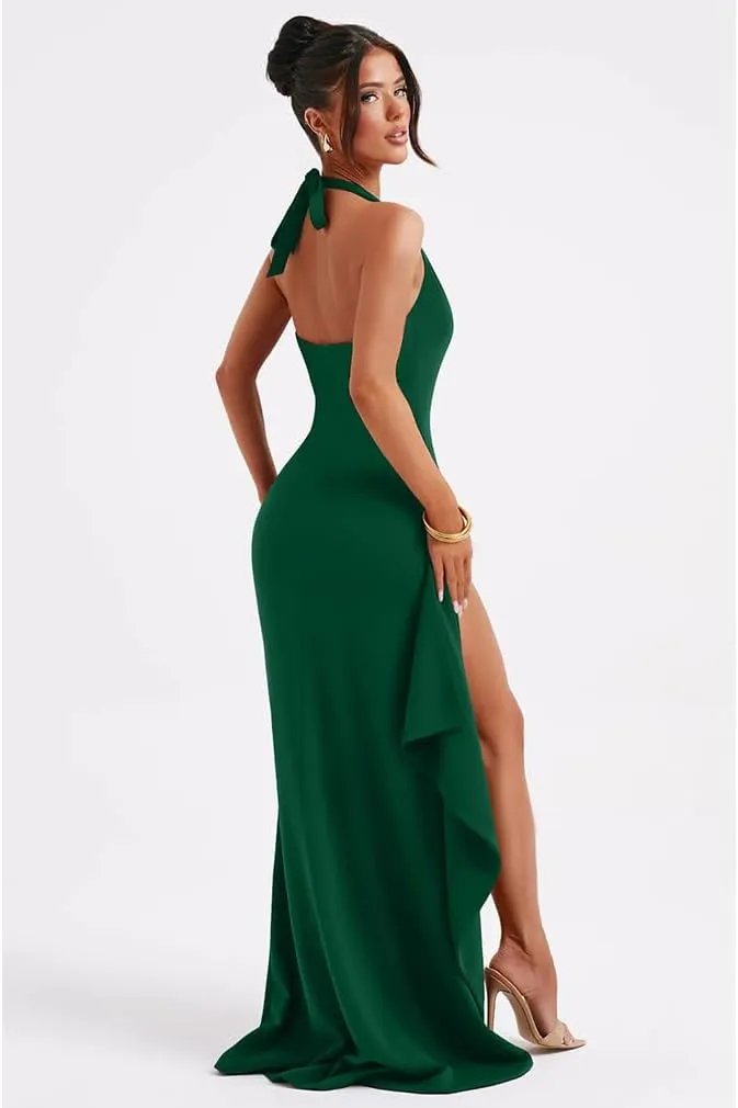 LAGSHIAN Women's Sexy Deep V Neck Halter High Split Backless Cocktail Party Formal Maxi Dress