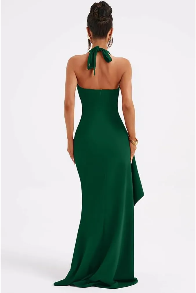 LAGSHIAN Women's Sexy Deep V Neck Halter High Split Backless Cocktail Party Formal Maxi Dress
