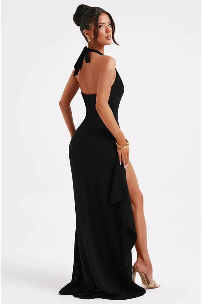 LAGSHIAN Women's Sexy Deep V Neck Halter High Split Backless Cocktail Party Formal Maxi Dress