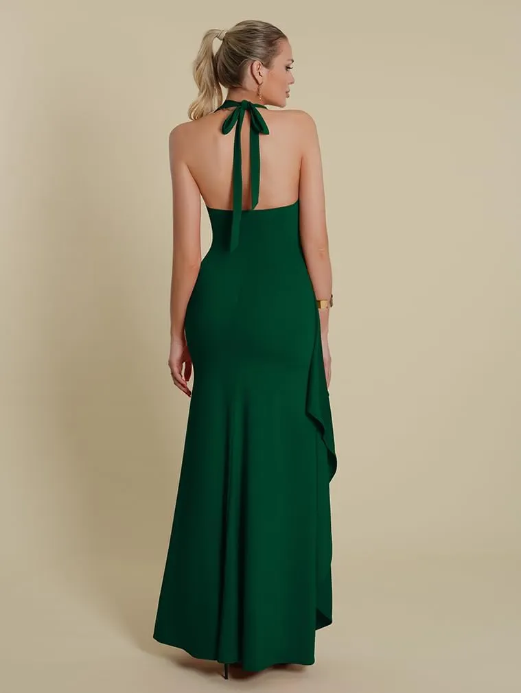 LAGSHIAN Women's Sexy Deep V Neck Halter High Split Backless Cocktail Party Formal Maxi Dress