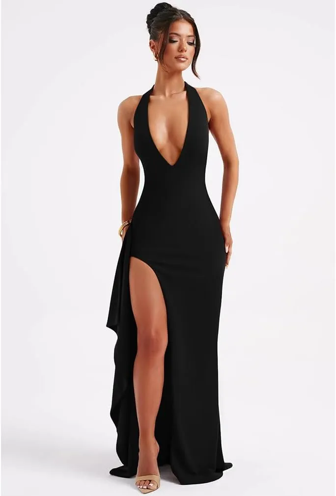 LAGSHIAN Women's Sexy Deep V Neck Halter High Split Backless Cocktail Party Formal Maxi Dress
