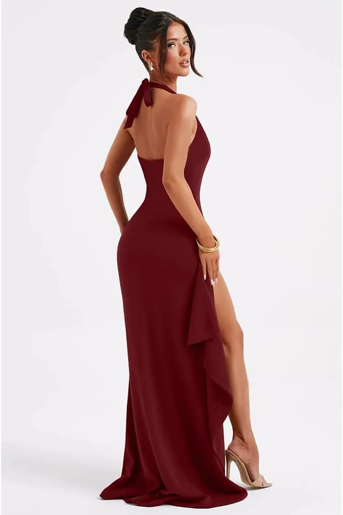 LAGSHIAN Women's Sexy Deep V Neck Halter High Split Backless Cocktail Party Formal Maxi Dress