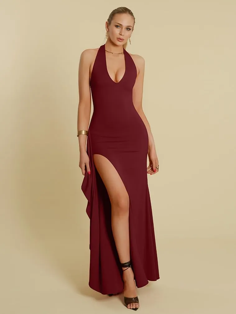 LAGSHIAN Women's Sexy Deep V Neck Halter High Split Backless Cocktail Party Formal Maxi Dress