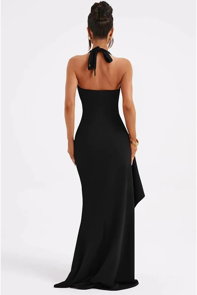 LAGSHIAN Women's Sexy Deep V Neck Halter High Split Backless Cocktail Party Formal Maxi Dress