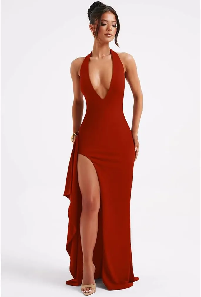 LAGSHIAN Women's Sexy Deep V Neck Halter High Split Backless Cocktail Party Formal Maxi Dress