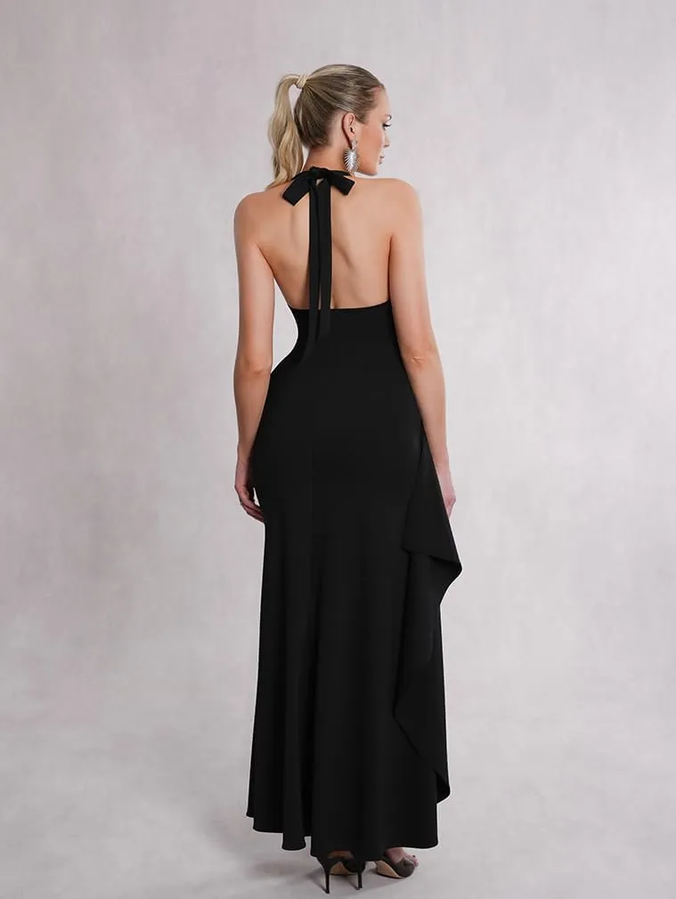 LAGSHIAN Women's Sexy Deep V Neck Halter High Split Backless Cocktail Party Formal Maxi Dress