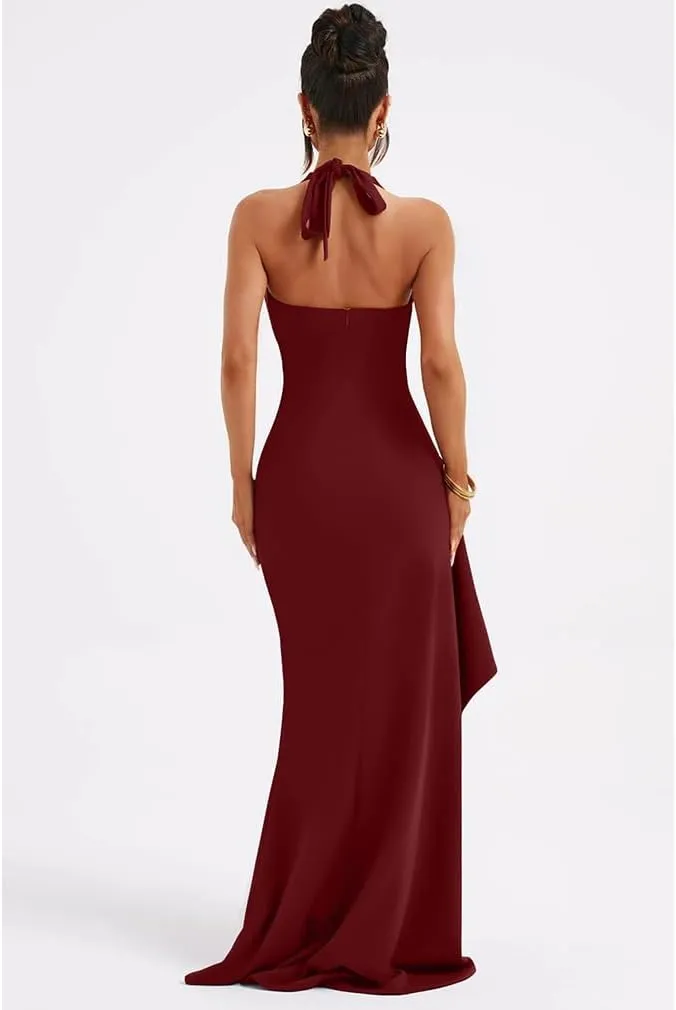 LAGSHIAN Women's Sexy Deep V Neck Halter High Split Backless Cocktail Party Formal Maxi Dress