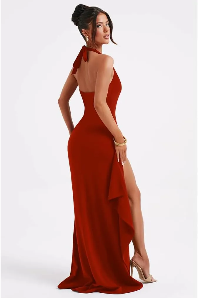 LAGSHIAN Women's Sexy Deep V Neck Halter High Split Backless Cocktail Party Formal Maxi Dress