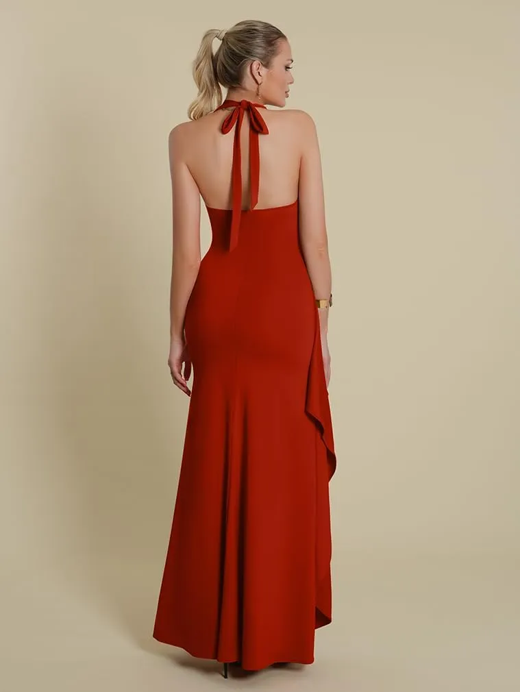 LAGSHIAN Women's Sexy Deep V Neck Halter High Split Backless Cocktail Party Formal Maxi Dress