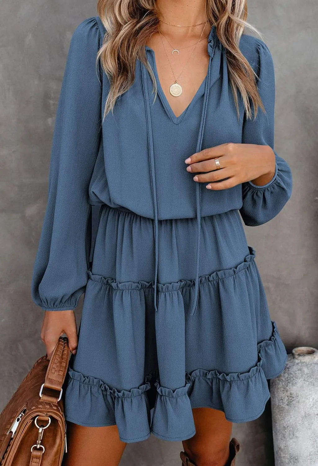 LaSuiveur Women's Lantern Casual Fall Dresses V Neck Tie Neck Long Sleeve High Waist Dot Ruffle Tiered Flowy Swing Mini Dress
