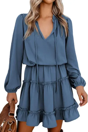 LaSuiveur Women's Lantern Casual Fall Dresses V Neck Tie Neck Long Sleeve High Waist Dot Ruffle Tiered Flowy Swing Mini Dress