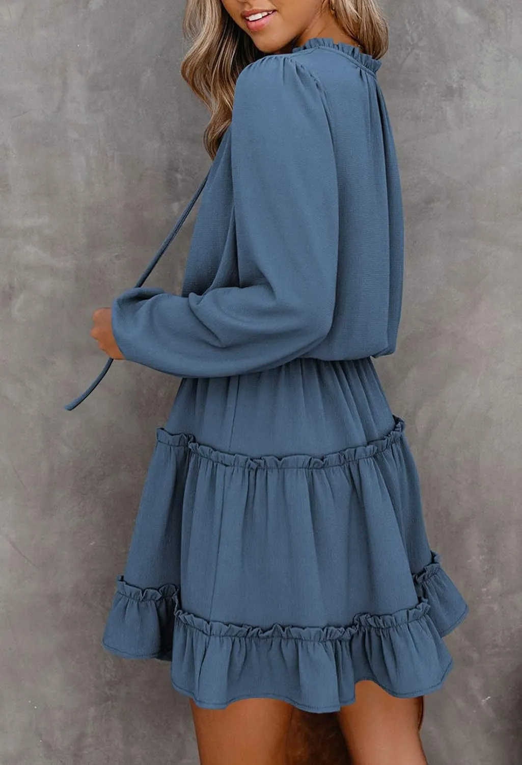 LaSuiveur Women's Lantern Casual Fall Dresses V Neck Tie Neck Long Sleeve High Waist Dot Ruffle Tiered Flowy Swing Mini Dress