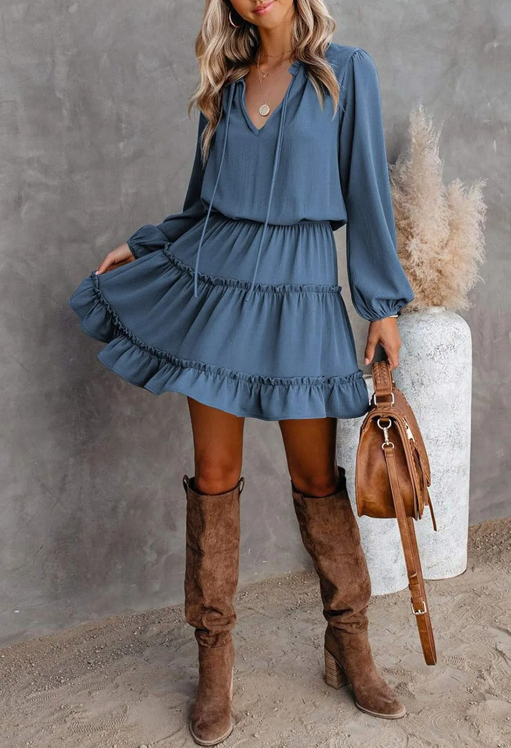 LaSuiveur Women's Lantern Casual Fall Dresses V Neck Tie Neck Long Sleeve High Waist Dot Ruffle Tiered Flowy Swing Mini Dress