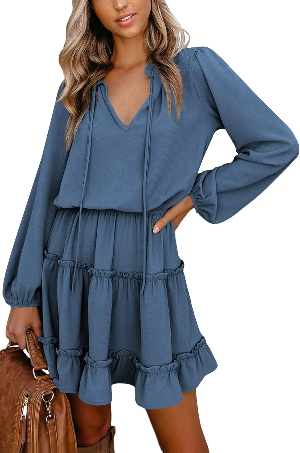 LaSuiveur Women's Lantern Casual Fall Dresses V Neck Tie Neck Long Sleeve High Waist Dot Ruffle Tiered Flowy Swing Mini Dress