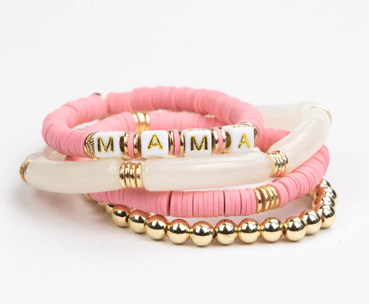 LeLaLo - Women's MAMA Tubular Beaded Bracelet Set in Pink/Gold