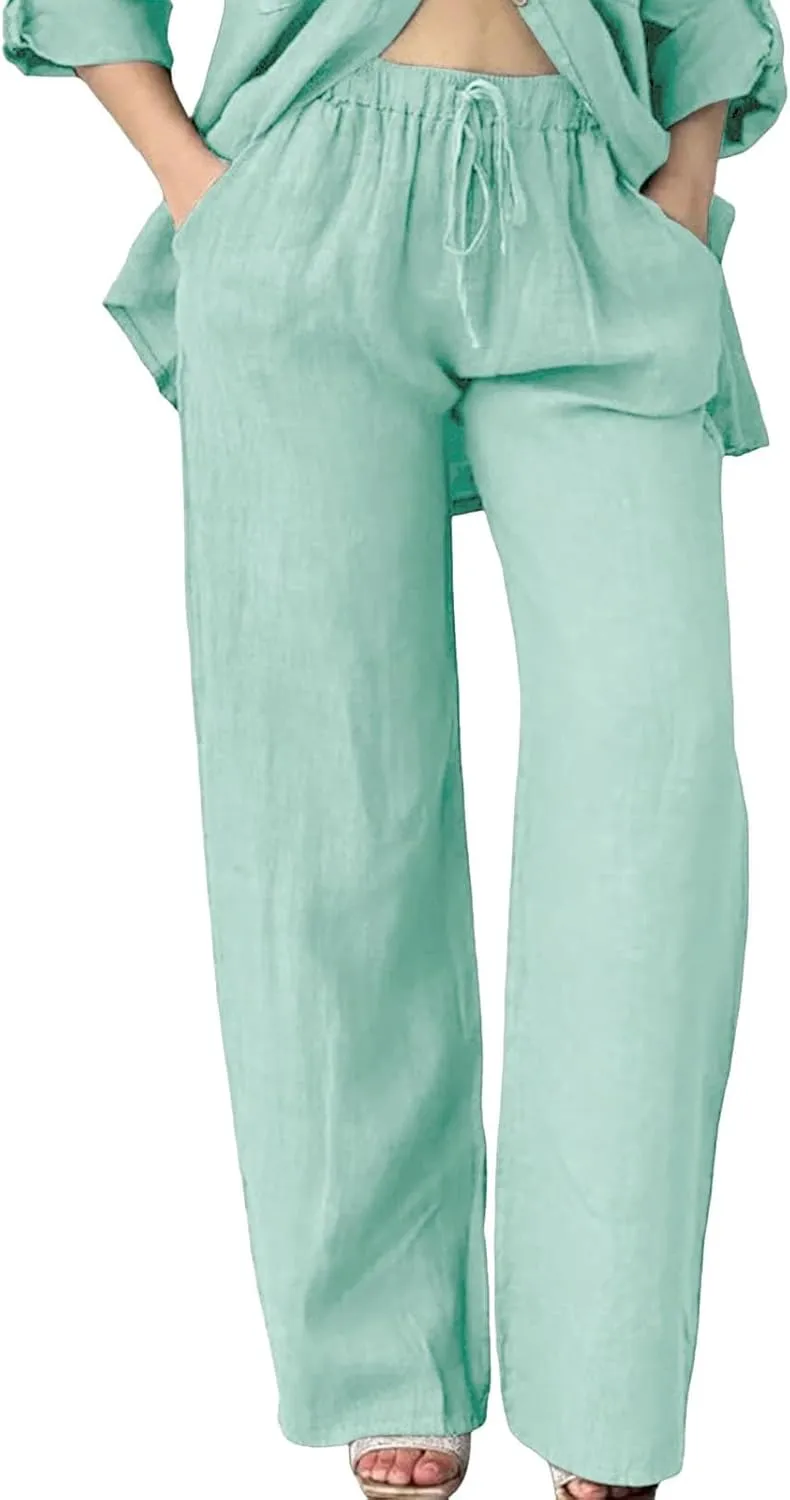 Linen Pants Women High Waist Wide Leg Pants Cotton Linen Lounge Summer Trousers Casual Palazzo Pants Beach Outfits for Women