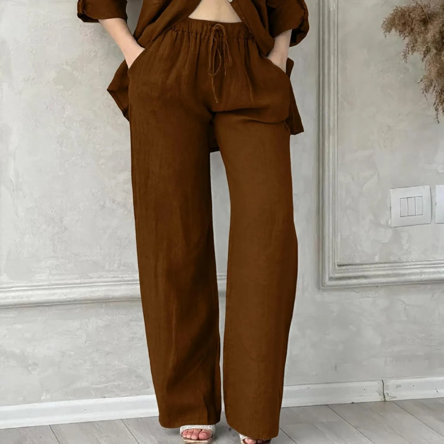 Linen Pants Women High Waist Wide Leg Pants Cotton Linen Lounge Summer Trousers Casual Palazzo Pants Beach Outfits for Women