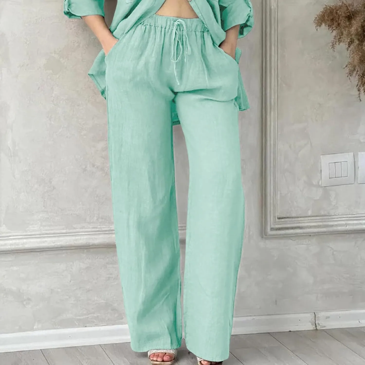 Linen Pants Women High Waist Wide Leg Pants Cotton Linen Lounge Summer Trousers Casual Palazzo Pants Beach Outfits for Women