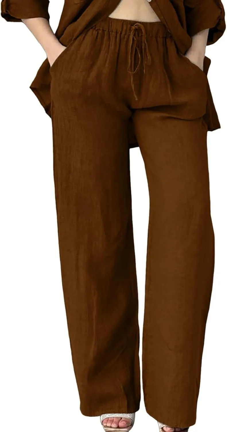 Linen Pants Women High Waist Wide Leg Pants Cotton Linen Lounge Summer Trousers Casual Palazzo Pants Beach Outfits for Women