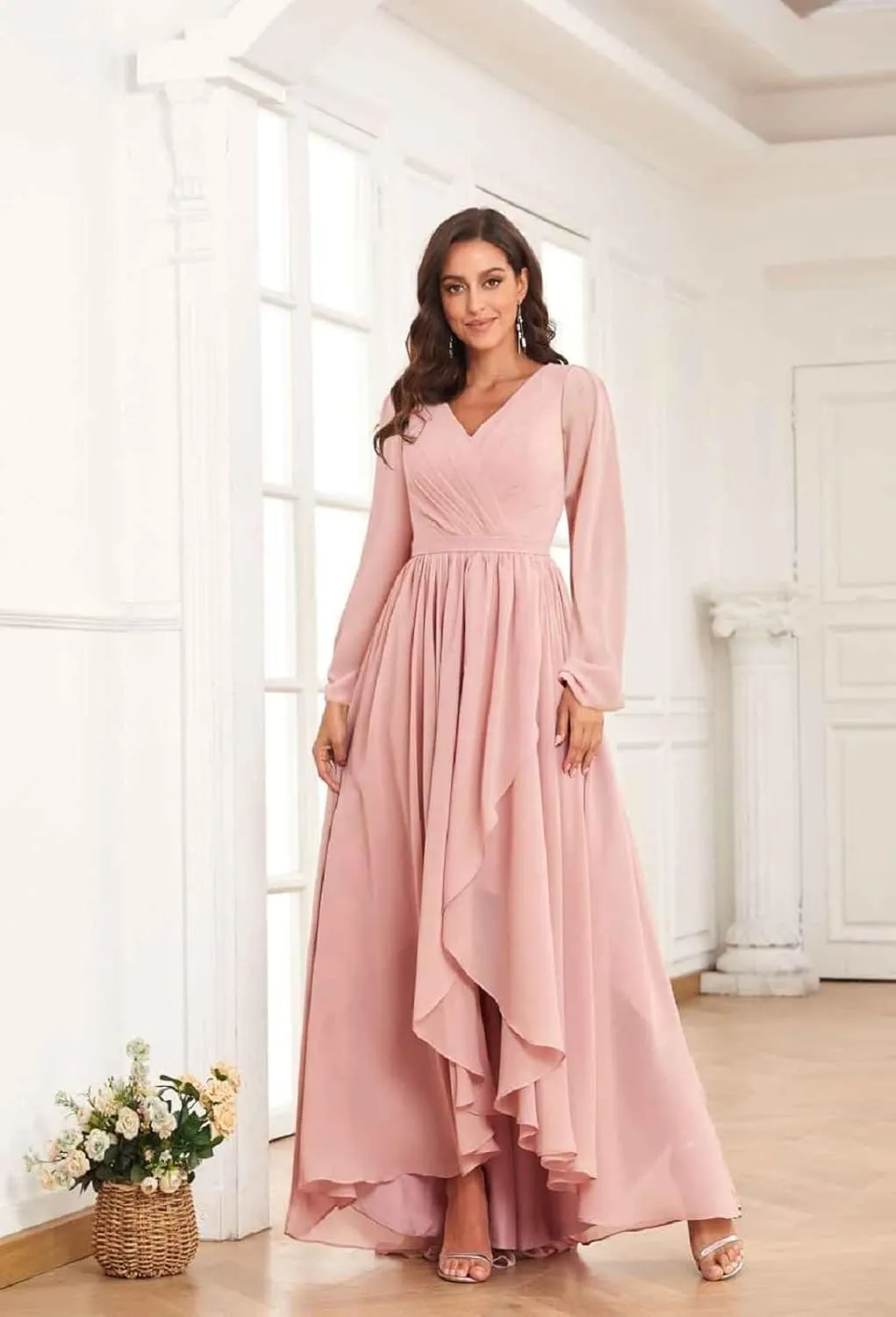 Long Sleeve Bridesmaid Dresses for Wedding V Neck Chiffon High Low A-Line Formal Evening Dresses