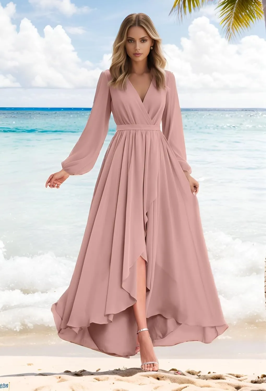 Long Sleeve Bridesmaid Dresses for Wedding V Neck Chiffon High Low A-Line Formal Evening Dresses