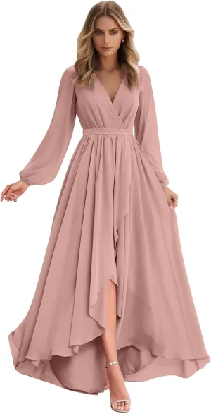 Long Sleeve Bridesmaid Dresses for Wedding V Neck Chiffon High Low A-Line Formal Evening Dresses