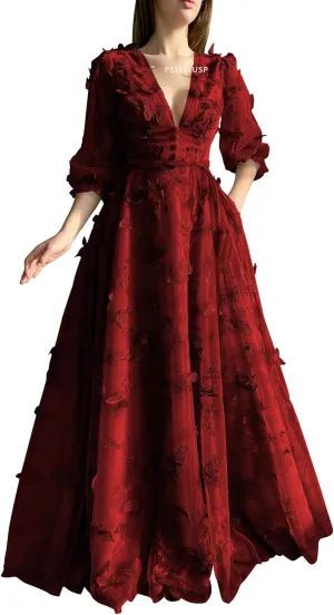 Long Sleeve Prom Dress 3D Butterfly Tulle Ball Gown for Women 2025 V Neck Puffy Formal Evening Gowns with Pockets