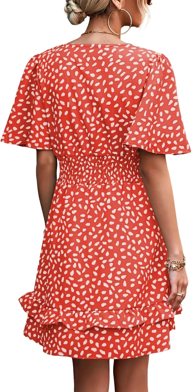 LYANER Women's Wrap V Neck Dot Elastic Waist Ruffle Short Sleeve A-line Mini Dress