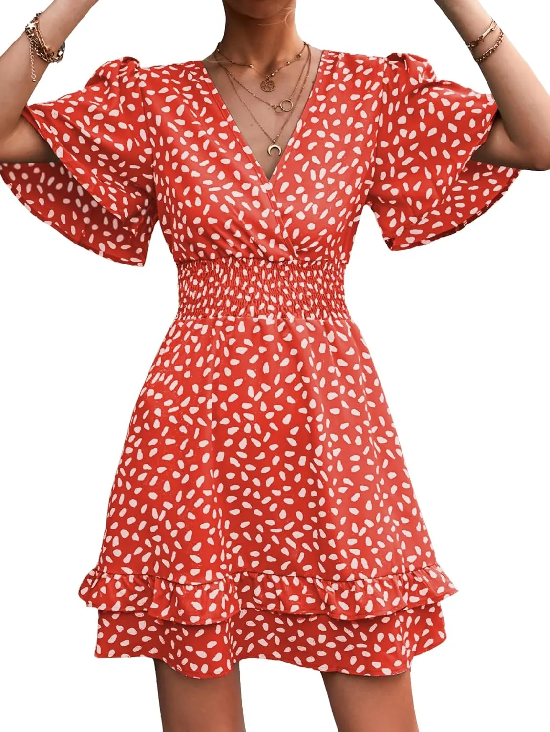 LYANER Women's Wrap V Neck Dot Elastic Waist Ruffle Short Sleeve A-line Mini Dress