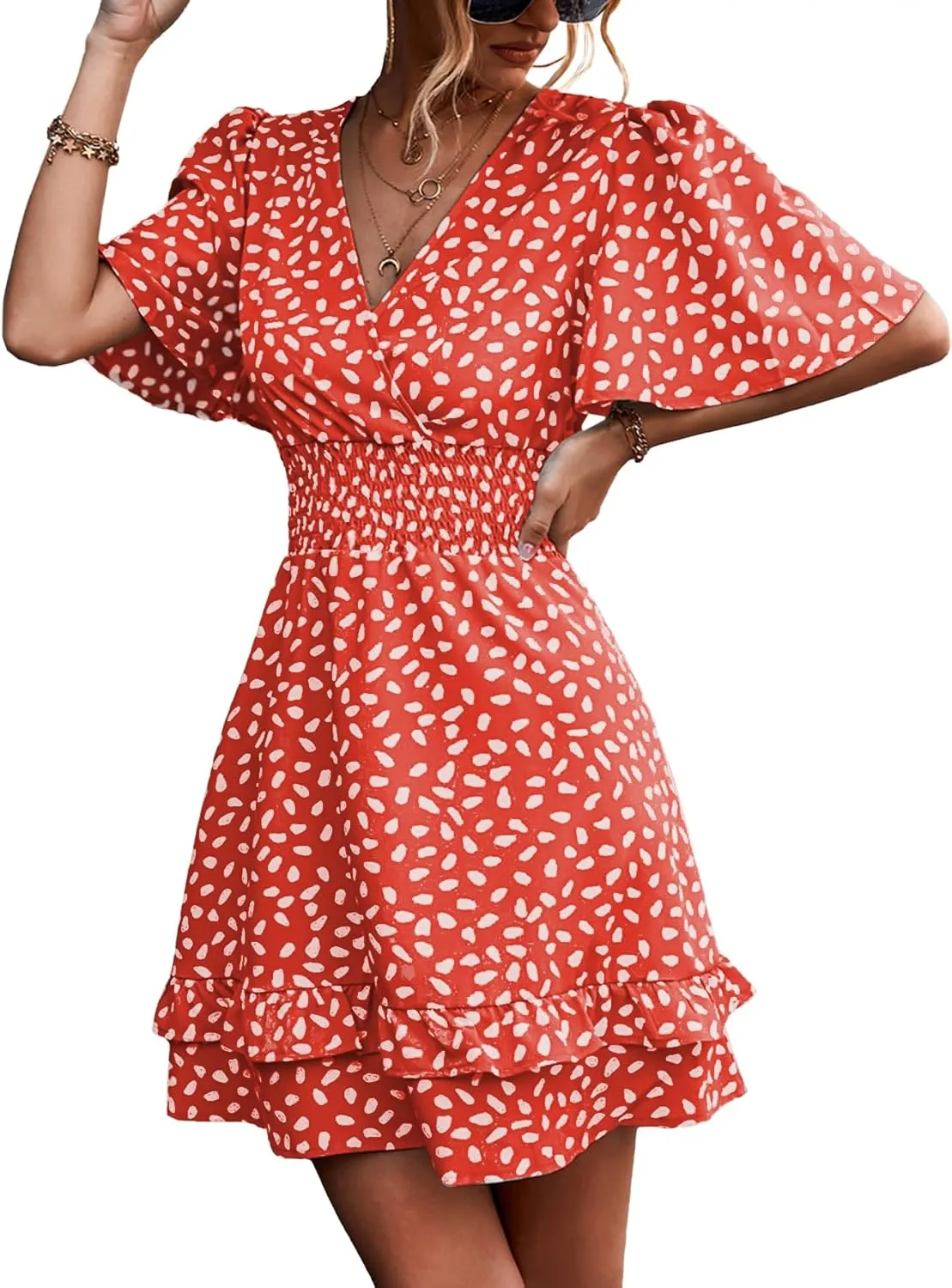 LYANER Women's Wrap V Neck Dot Elastic Waist Ruffle Short Sleeve A-line Mini Dress