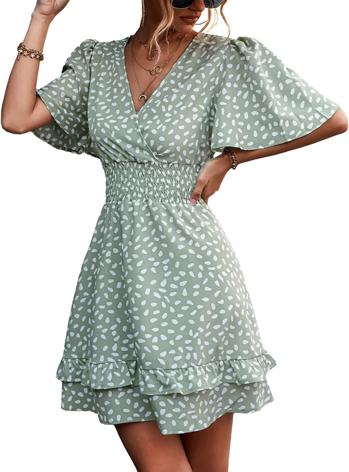LYANER Women's Wrap V Neck Dot Elastic Waist Ruffle Short Sleeve A-line Mini Dress
