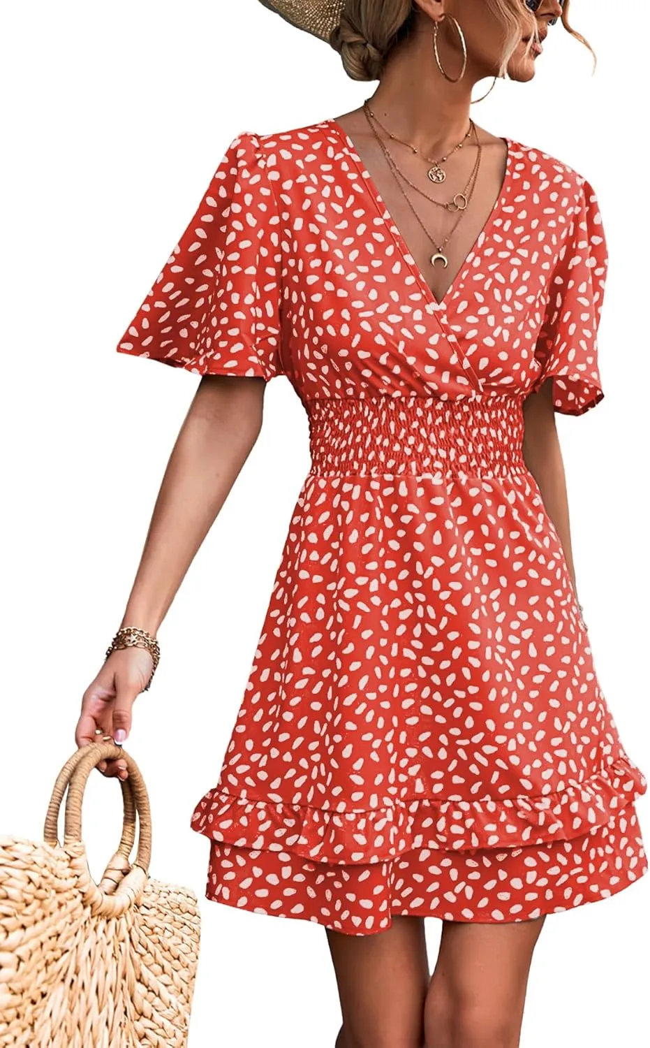 LYANER Women's Wrap V Neck Dot Elastic Waist Ruffle Short Sleeve A-line Mini Dress