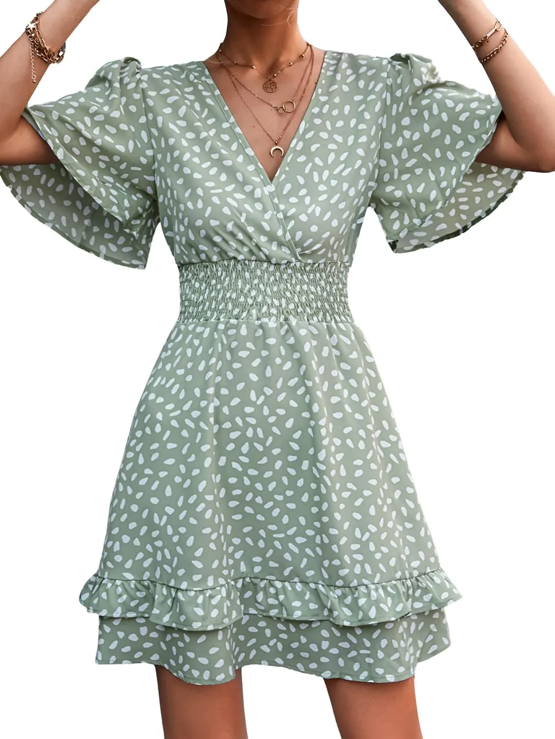 LYANER Women's Wrap V Neck Dot Elastic Waist Ruffle Short Sleeve A-line Mini Dress