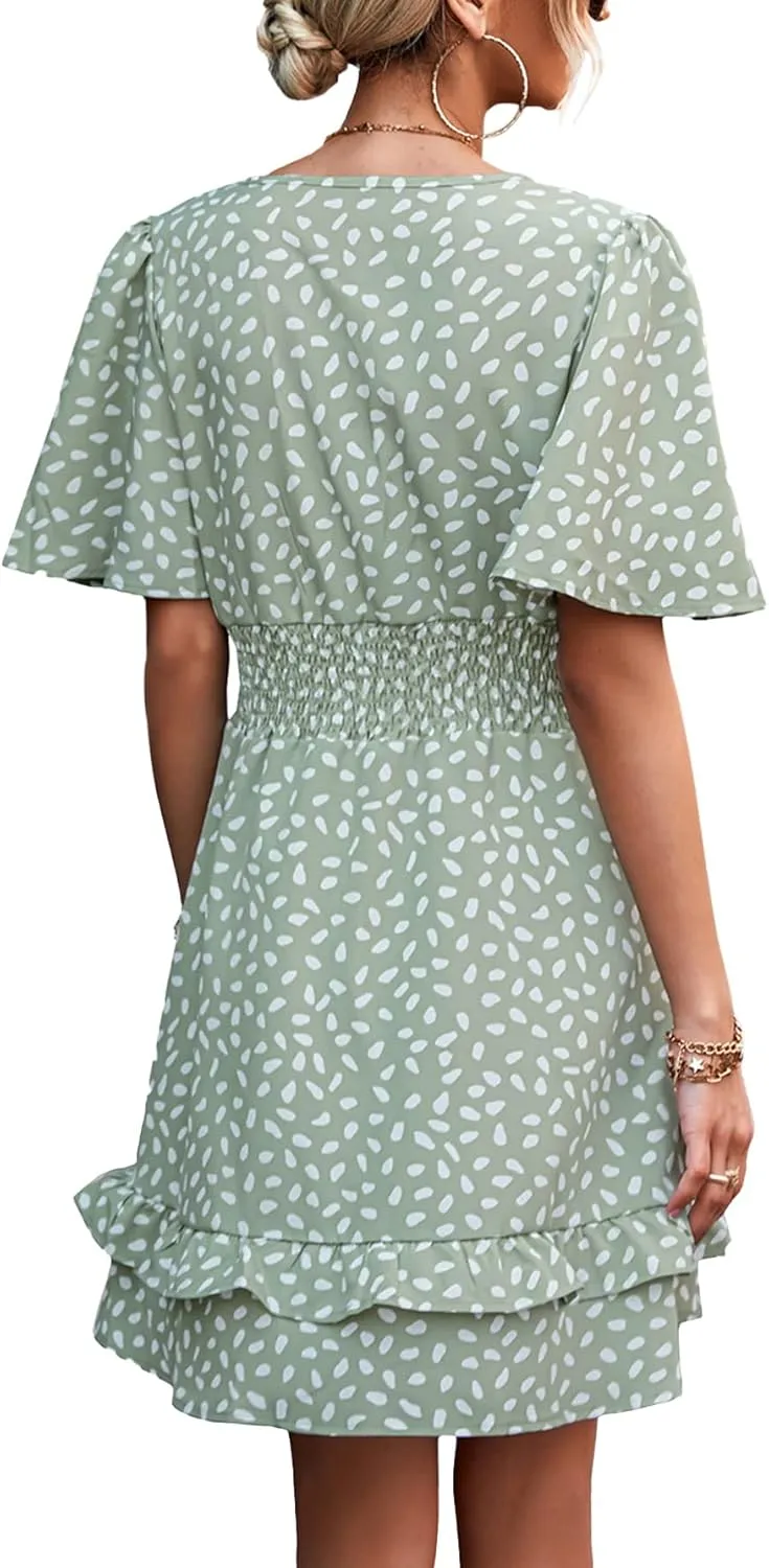 LYANER Women's Wrap V Neck Dot Elastic Waist Ruffle Short Sleeve A-line Mini Dress