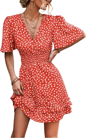 LYANER Women's Wrap V Neck Dot Elastic Waist Ruffle Short Sleeve A-line Mini Dress