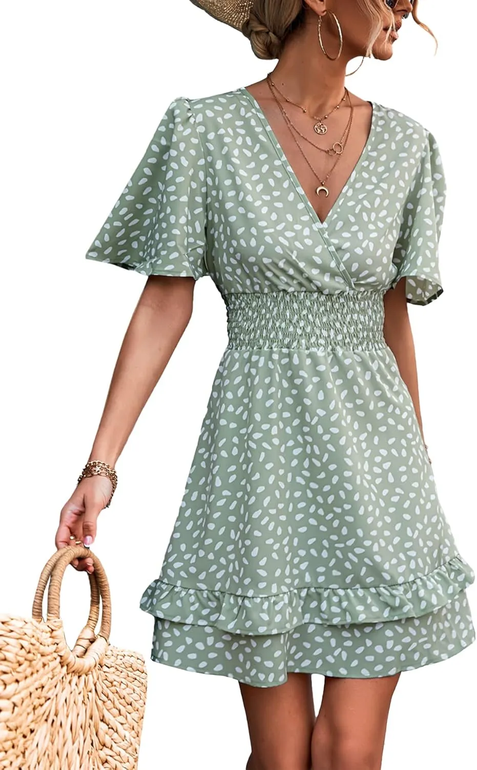LYANER Women's Wrap V Neck Dot Elastic Waist Ruffle Short Sleeve A-line Mini Dress