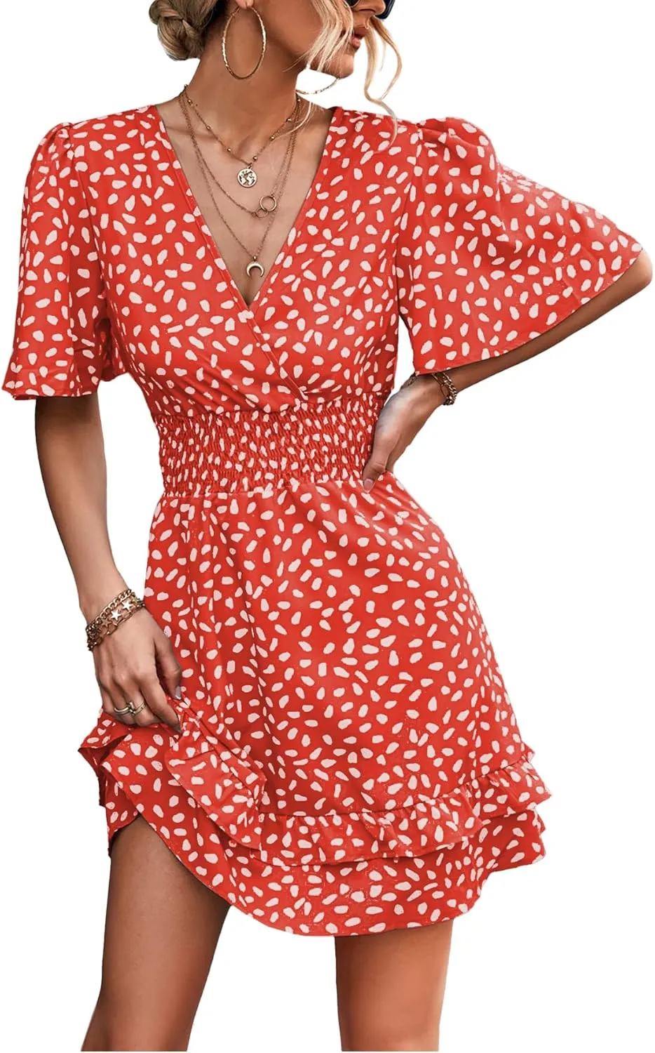 LYANER Women's Wrap V Neck Dot Elastic Waist Ruffle Short Sleeve A-line Mini Dress