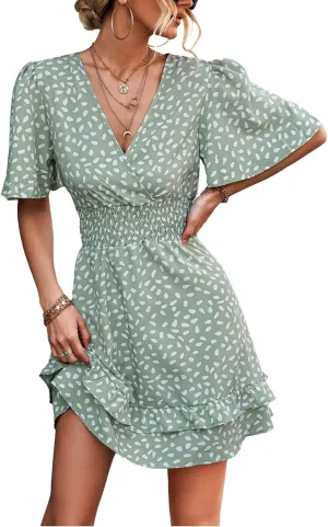 LYANER Women's Wrap V Neck Dot Elastic Waist Ruffle Short Sleeve A-line Mini Dress