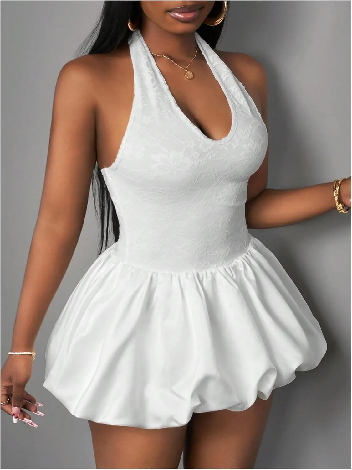 MakeMeChic Women's Floral Lace Halter Bubble Dress Tie Backless A Line Y2k Mini Dresses