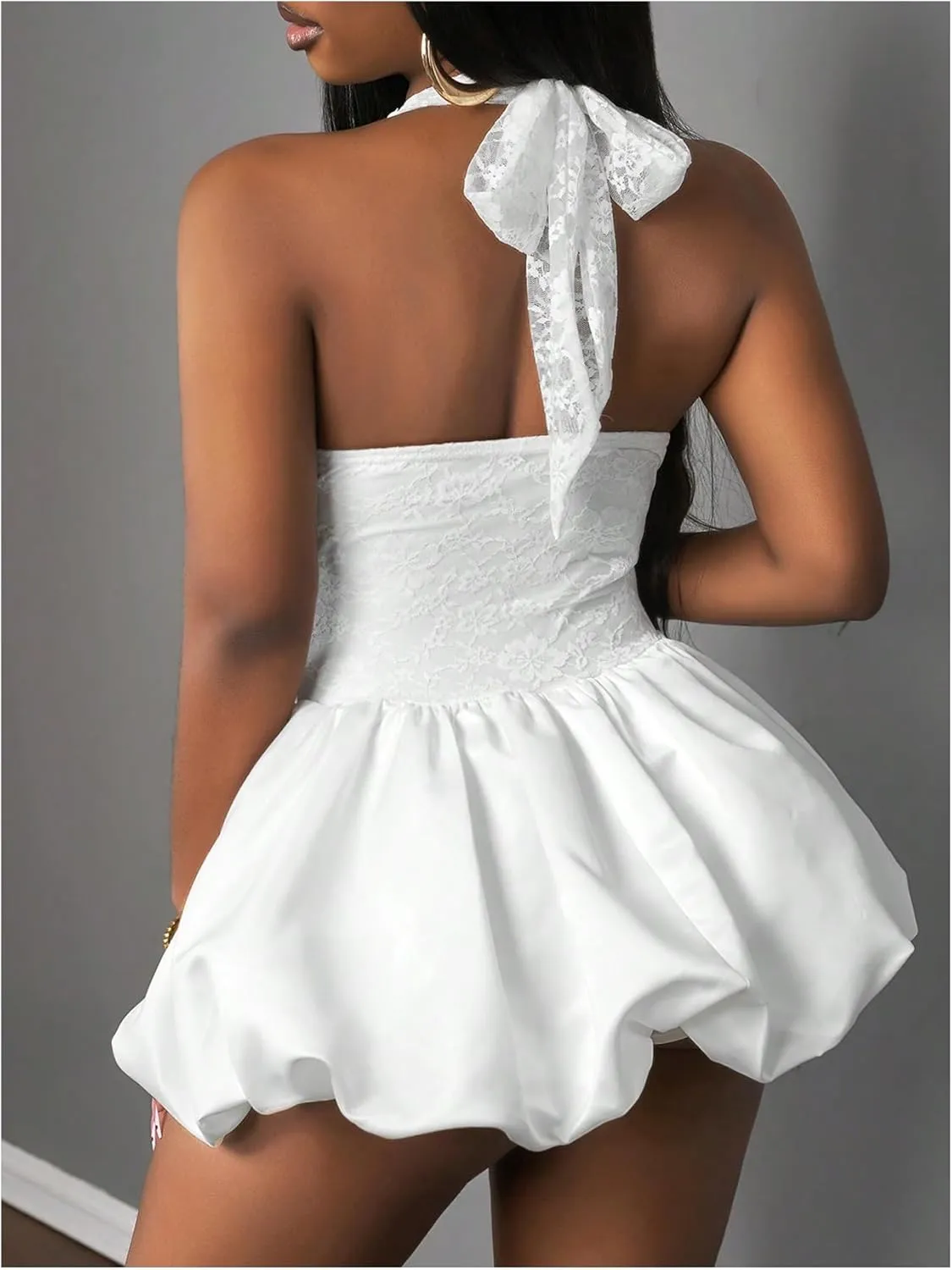 MakeMeChic Women's Floral Lace Halter Bubble Dress Tie Backless A Line Y2k Mini Dresses